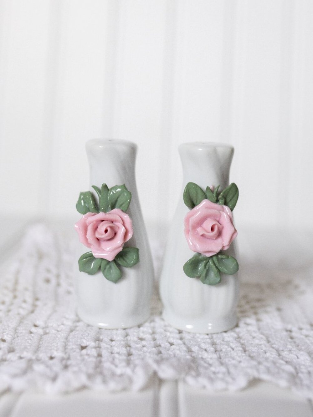 Vintage Porcelain Rose Salt & Pepper Shakers Set